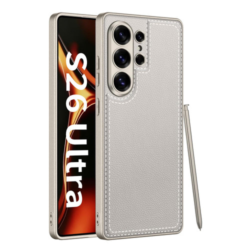 Samsung Galaxy S26 Ultra 5G GKK Metal Paint Skin Feel Leather Stitching Phone Case - Khaki