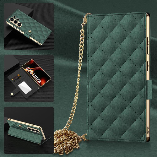 Samsung Galaxy S26 Ultra 5G GKK Plating Diamond Texture Leather Phone Case With Crossbody Chain - Emerald
