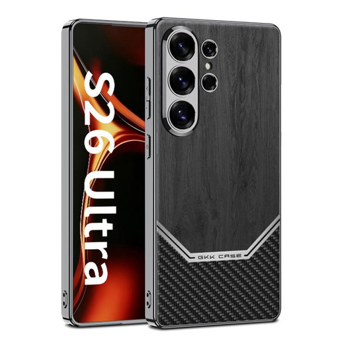 Samsung Galaxy S26 Ultra 5G GKK Plating Leather Wood Texture Full Coverage Phone Case - Black