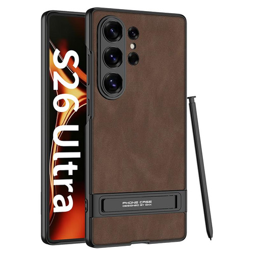 Samsung Galaxy S26 Ultra 5G GKK Triumph Ultra-Thin Frosted Leather Phone Case with Holder - Brown