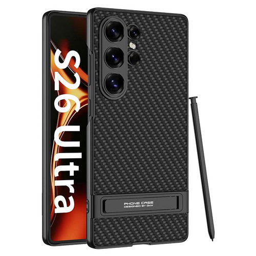 Samsung Galaxy S26 Ultra 5G GKK Triumph Ultra-Thin Plain Leather Phone Case with Holder - Carbon Fiber