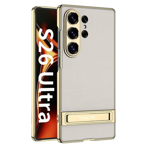 Samsung Galaxy S26 Ultra 5G GKK Triumph Ultra-Thin Plain Leather Phone Case with Holder - Titanium Gray