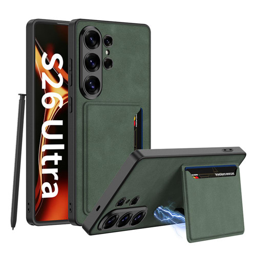 Samsung Galaxy S26 Ultra 5G GKK Ultra-thin Leather Card Bag Frosted Phone Case With Magnetic Holder - Green