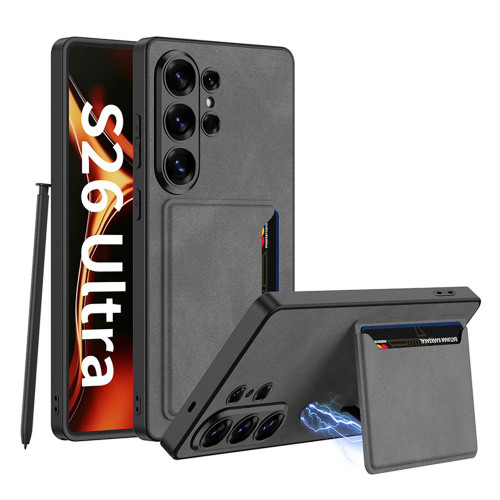 Samsung Galaxy S26 Ultra 5G GKK Ultra-thin Leather Card Bag Frosted Phone Case With Magnetic Holder - Grey