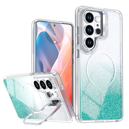Samsung Galaxy S26 Ultra 5G Glitter Gradient Magnetic Lens Frame Holder Phone Case - Lake Green