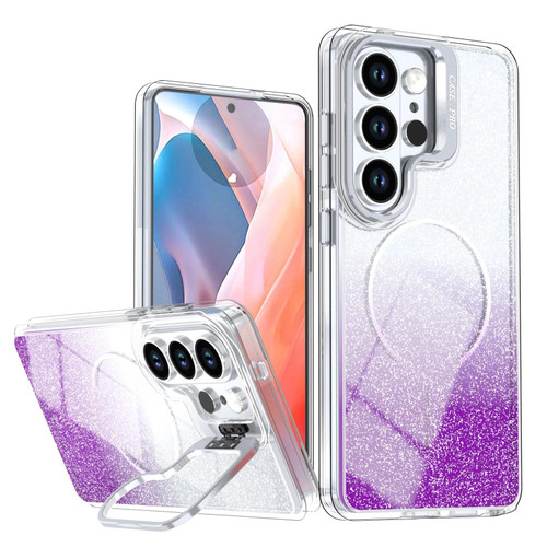 Samsung Galaxy S26 Ultra 5G Glitter Gradient Magnetic Lens Frame Holder Phone Case - Purple