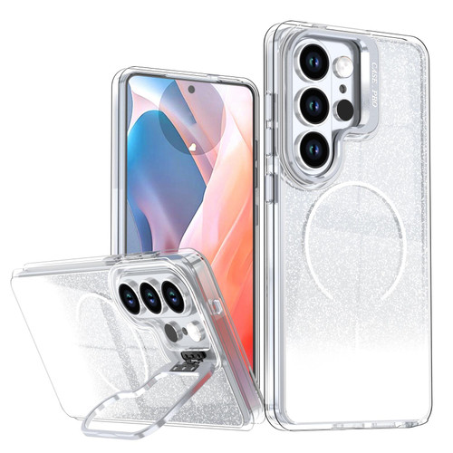 Samsung Galaxy S26 Ultra 5G Glitter Gradient Magnetic Lens Frame Holder Phone Case - White
