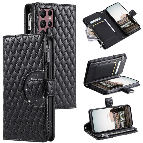 Samsung Galaxy S26 Ultra 5G Glitter Lattice Zipper Wallet Leather Phone Case - Black