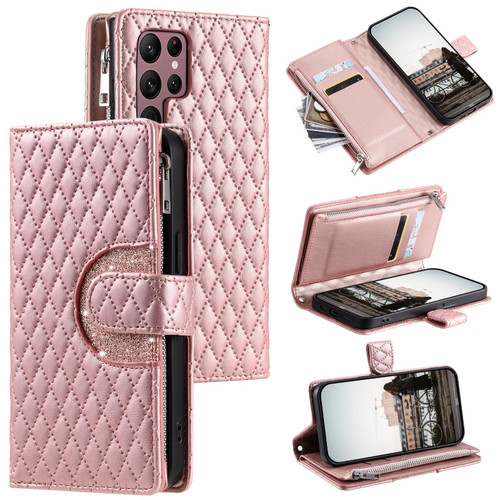 Samsung Galaxy S26 Ultra 5G Glitter Lattice Zipper Wallet Leather Phone Case - Rose Gold