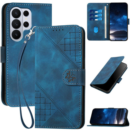 Samsung Galaxy S26 Ultra 5G Grid Butterfly Embossed Pattern Leather Phone Case with Lanyard - Dark Blue