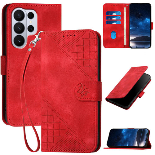 Samsung Galaxy S26 Ultra 5G Grid Butterfly Embossed Pattern Leather Phone Case with Lanyard - Red