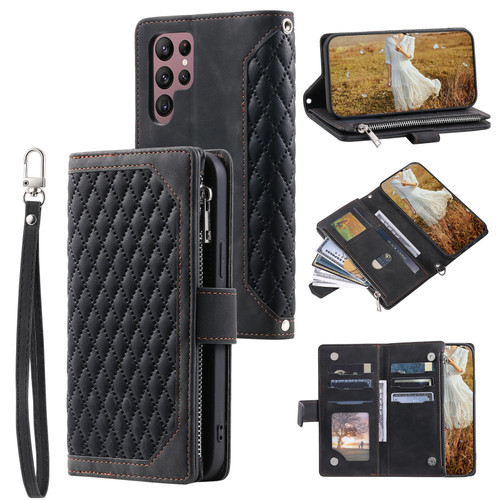 Samsung Galaxy S26 Ultra 5G Grid Texture Zipper Leather Phone Case with Lanyard - Black