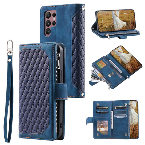 Samsung Galaxy S26 Ultra 5G Grid Texture Zipper Leather Phone Case with Lanyard - Blue