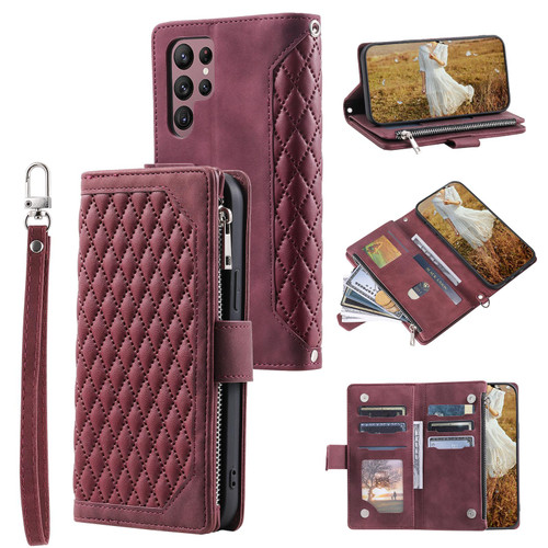 Samsung Galaxy S26 Ultra 5G Grid Texture Zipper Leather Phone Case with Lanyard - Wine Red