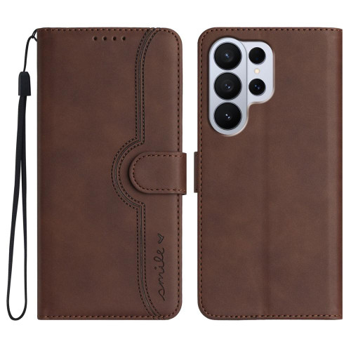 Samsung Galaxy S26 Ultra 5G Heart Pattern Skin Feel Leather Phone Case - Brown