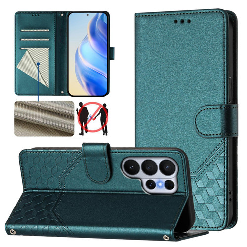Samsung Galaxy S26 Ultra 5G Honeycomb Embossing RFID Leather Phone Case - Peacock Green