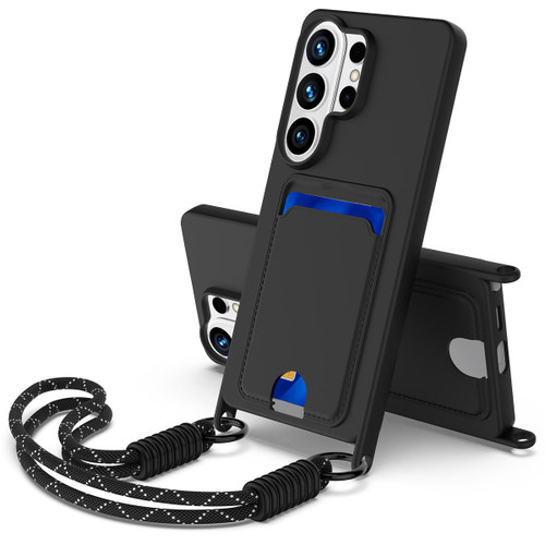 Samsung Galaxy S26 Ultra 5G Integrated Card Bag Solid Color Liquid Silicone Phone Case Gen2 with Short Lanyard - Black