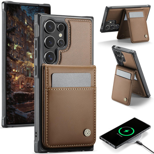 Samsung Galaxy S26 Ultra 5G JEEHOOD J06 British Style RFID MagSafe Card Bag PU Phone Case - Brown