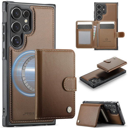 Samsung Galaxy S26 Ultra 5G JEEHOOD J09 Buckle Card Bag MagSafe Magnetic Style RFID Leather Phone Case - Brown