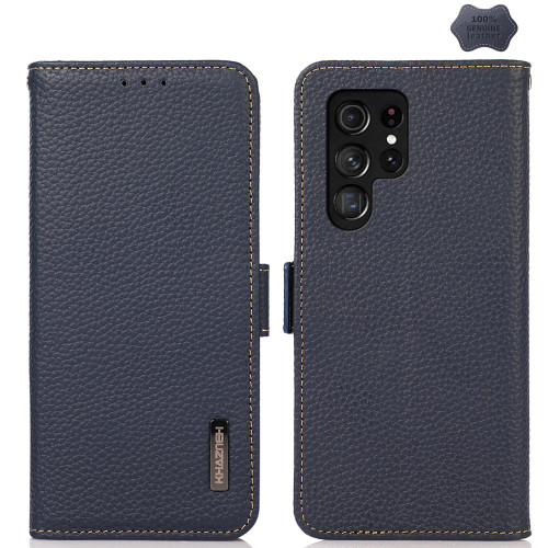 Samsung Galaxy S26 Ultra 5G KHAZNEH Side-Magnetic Litchi Genuine Leather RFID Phone Case - Blue