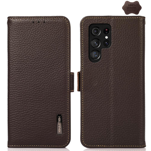 Samsung Galaxy S26 Ultra 5G KHAZNEH Side-Magnetic Litchi Genuine Leather RFID Phone Case - Brown