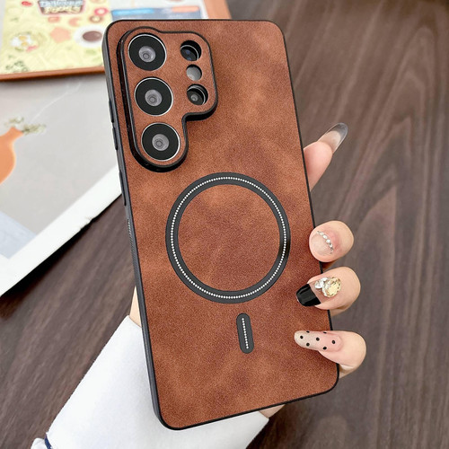 Samsung Galaxy S26 Ultra 5G Lambskin Faux Leather Magnetic Phone Case - Dark Brown