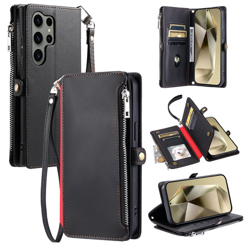 Samsung Galaxy S26 Ultra 5G Leather Stitching Multi-card Slot Zipper Phone Case - Black
