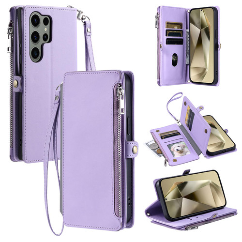 Samsung Galaxy S26 Ultra 5G Leather Stitching Multi-card Slot Zipper Phone Case - Purple