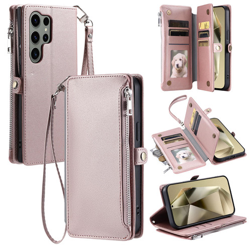 Samsung Galaxy S26 Ultra 5G Leather Stitching Multi-card Slot Zipper Phone Case - Rose Gold