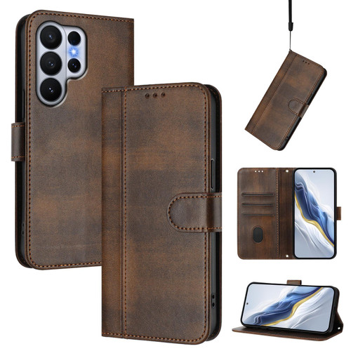 Samsung Galaxy S26 Ultra 5G Line Splicing Buckle Retro Leather Phone Case - Brown