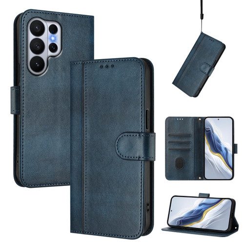 Samsung Galaxy S26 Ultra 5G Line Splicing Buckle Retro Leather Phone Case - Dark Blue