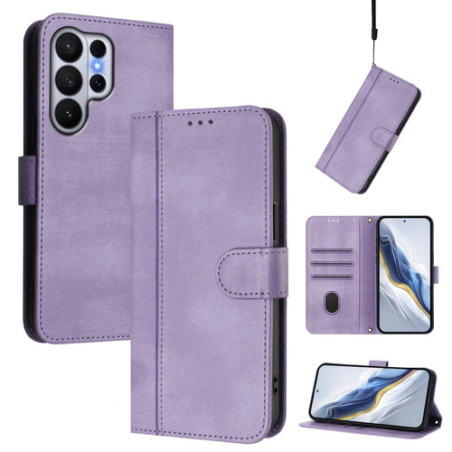 Samsung Galaxy S26 Ultra 5G Line Splicing Buckle Retro Leather Phone Case - Purple