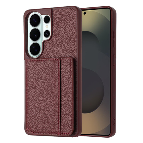 Samsung Galaxy S26 Ultra 5G Litchi Pattern Magnetic Card Bag Holder Phone Case - Wine Red