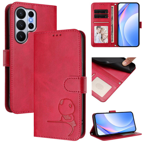 Samsung Galaxy S26 Ultra 5G Litter Panda Embossing RFID Leather Phone Case with Lanyard - Rose Red