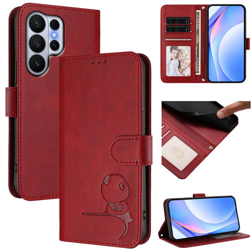 Samsung Galaxy S26 Ultra 5G Litter Panda Embossing RFID Leather Phone Case with Lanyard - Wine Red