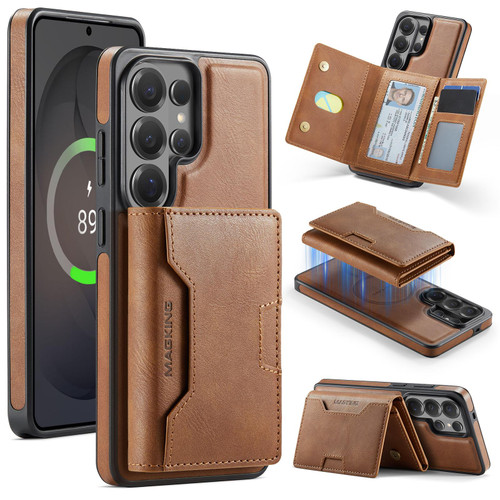 Samsung Galaxy S26 Ultra 5G MAGKING K4 Series MagSafe RFID Tri-fold Card Bag Detachable Phone Case - Brown