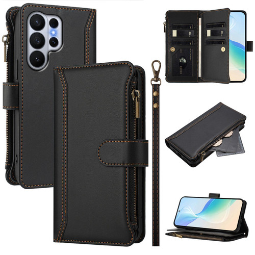 Samsung Galaxy S26 Ultra 5G Magnetic Closure 9 Card Slots Zipper Leather Case with Hand Strap - Black