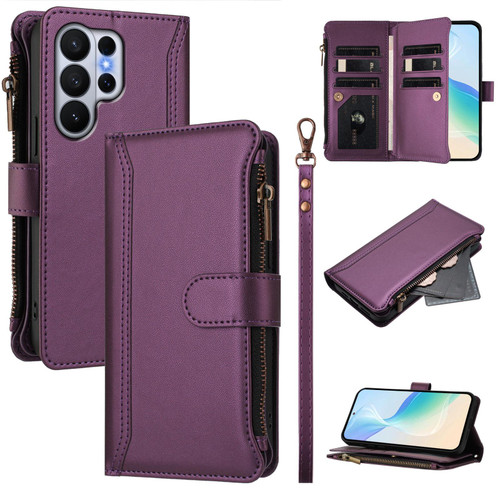 Samsung Galaxy S26 Ultra 5G Magnetic Closure 9 Card Slots Zipper Leather Case with Hand Strap - Purple