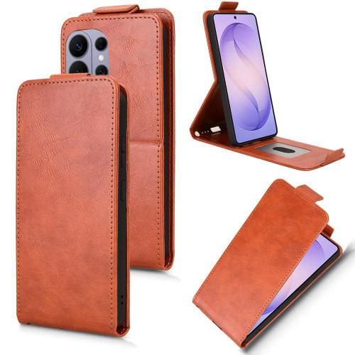 Samsung Galaxy S26 Ultra 5G Magnetic Vertical Flip Leather Phone Case with Buckle - Brown