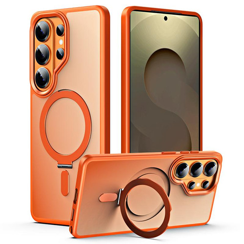 Samsung Galaxy S26 Ultra 5G MagSafe Airbag Shockproof Frosted Phone Case with Fold Holder - Orange