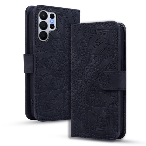 Samsung Galaxy S26 Ultra 5G Mandala Embossed Dual-Fold Calf Leather Phone Case - Black