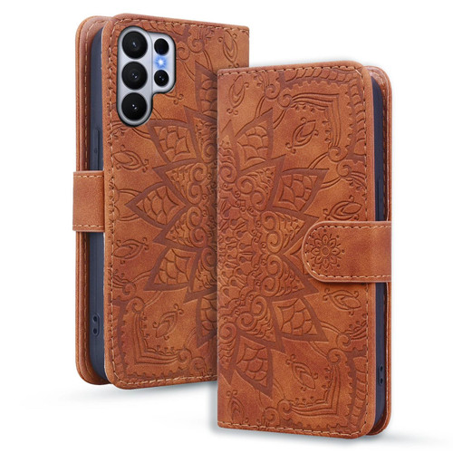 Samsung Galaxy S26 Ultra 5G Mandala Embossed Dual-Fold Calf Leather Phone Case - Brown