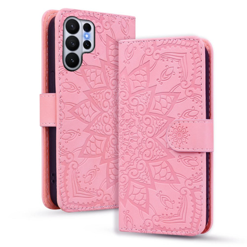 Samsung Galaxy S26 Ultra 5G Mandala Embossed Dual-Fold Calf Leather Phone Case - Pink