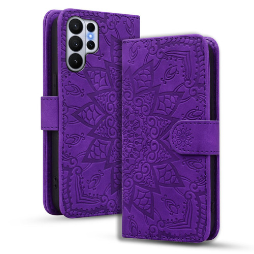 Samsung Galaxy S26 Ultra 5G Mandala Embossed Dual-Fold Calf Leather Phone Case - Purple