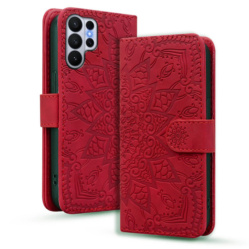 Samsung Galaxy S26 Ultra 5G Mandala Embossed Dual-Fold Calf Leather Phone Case - Red