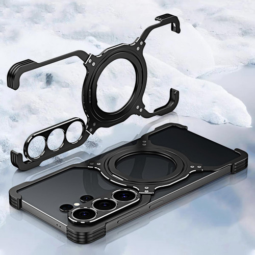 Samsung Galaxy S26 Ultra 5G Mechanical Arm Borderless MagSafe Holder Metal Phone Case - Black Silver