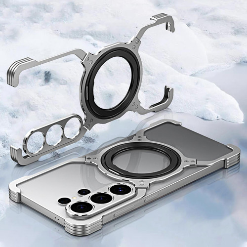 Samsung Galaxy S26 Ultra 5G Mechanical Arm Borderless MagSafe Holder Metal Phone Case - Grey Silver