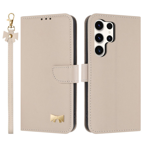 Samsung Galaxy S26 Ultra 5G Metal Bow Leather Phone Case with Hand Strap - Apricot