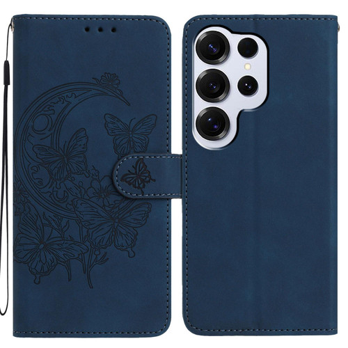 Samsung Galaxy S26 Ultra 5G Moonlit Butterfly Dance Pattern Embossed Leather Phone Case - Navy Blue