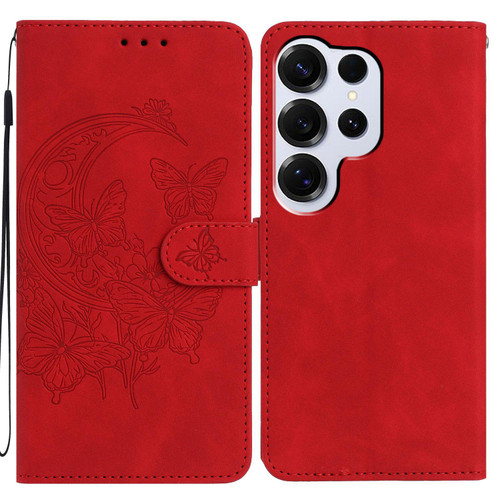 Samsung Galaxy S26 Ultra 5G Moonlit Butterfly Dance Pattern Embossed Leather Phone Case - Red